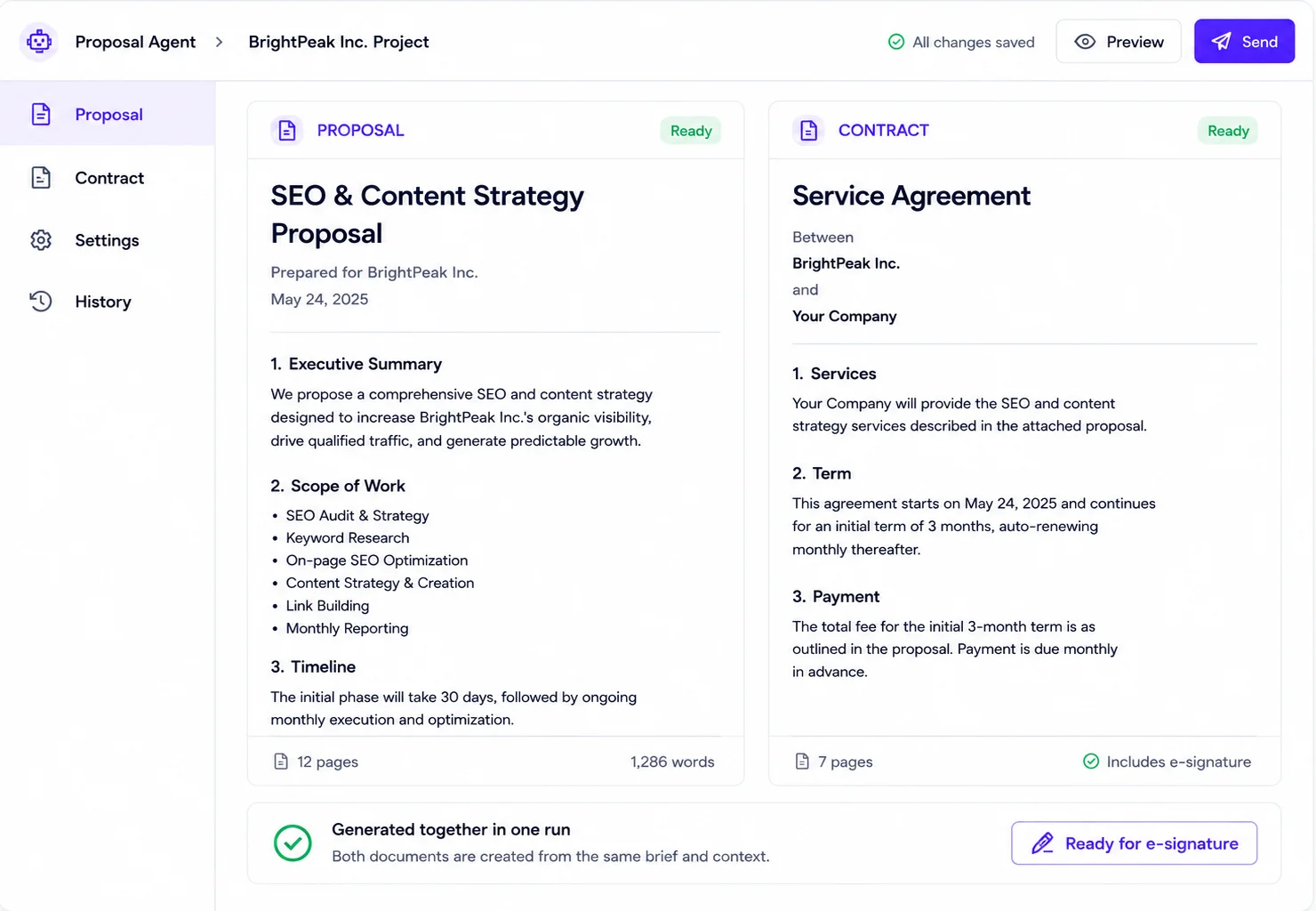 Proposal and matching Service Agreement contract generated together for BrightPeak Inc.